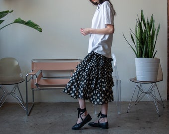 black white cotton gauze midi skirt / polka dot tiered skirt / s / m / 3636t /