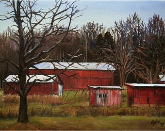 Red Barns Original Oil Painting - 12x9in Kentucky Painting On Sale