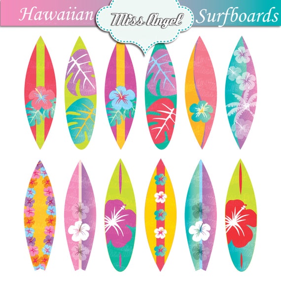 Hawaii Surfboards Clip Art Set, 12 Digital Surf Boards. Hibiscus 