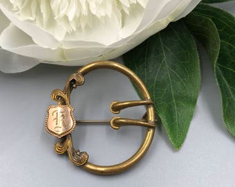 Victorian Sash Pin, Victorian Brooch, Buckle Brooch, Double Prong, Monogrammed Old English K, Antique Brooch, Hand Engraved Sash Pin