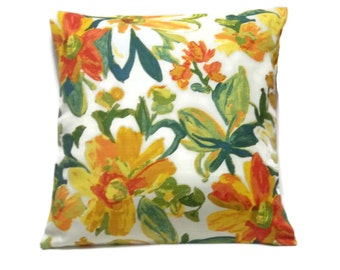 Decorative Pillow Cover Green Yellow Red Orange White Floral Design Same Fabric Front/Back Toss, Throw, Accent, 18x18 inch x