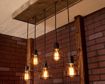 Lighting Industrial Chandelier Black With Reclaimed Wood And 5 Pendants