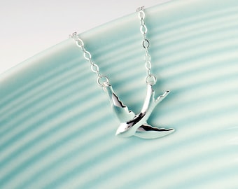 Flying Swallow Necklace In Sterling Silver, Ornithologist Jewellery, Bird Lover Necklace, Silver Swooping Swallow Necklace, Choker Necklace
