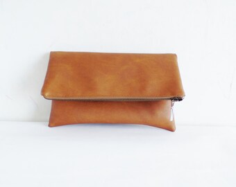 Vegan leather clutch, Leather clutch purse, Cognac brown clutch, Zipper clutch, Foldover clutch, Toffee brown clutch, Honey brown clutch
