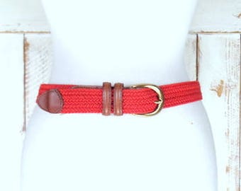 Vintage Liz Claiborne red crochet/macrame cotton rope tan leather boho/hippie belt/braided woven chord belt/medium