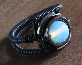 Opalite moonstone ring, Black metal finish, Cyberpunk Jewelry
