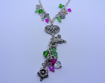 I’m Like A Bird I’ll Only Fly Away!! A Humming Bird, Flower Charm and Crystal Necklace