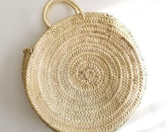 Handmade Round Straw Bag - Round basket, Summer Tote, Round French Market basket bag, Round beach basket, Straw Beach bag, straw basket