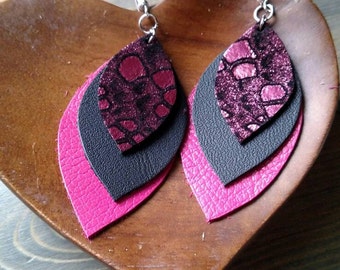 Pink and Black Layered Leather Earrings - Metallic Pink Dangle Earrings - Textured Drop Earrings - Black Layered Earrings