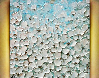 Original Modern Handpainted White Flowers Impasto Palette Knife Painting. Made2Order. Size 24 x 24 .