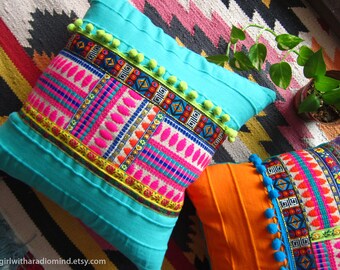 Boho Throw Pillow Turquoise - Bohemian Colorful Gypsy Cushion Cover - Home Deco