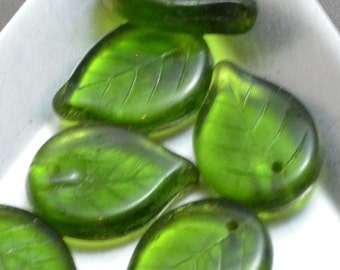 Transparent Dark Green Olive 18mm Leaf Czech Glass Beads (4)