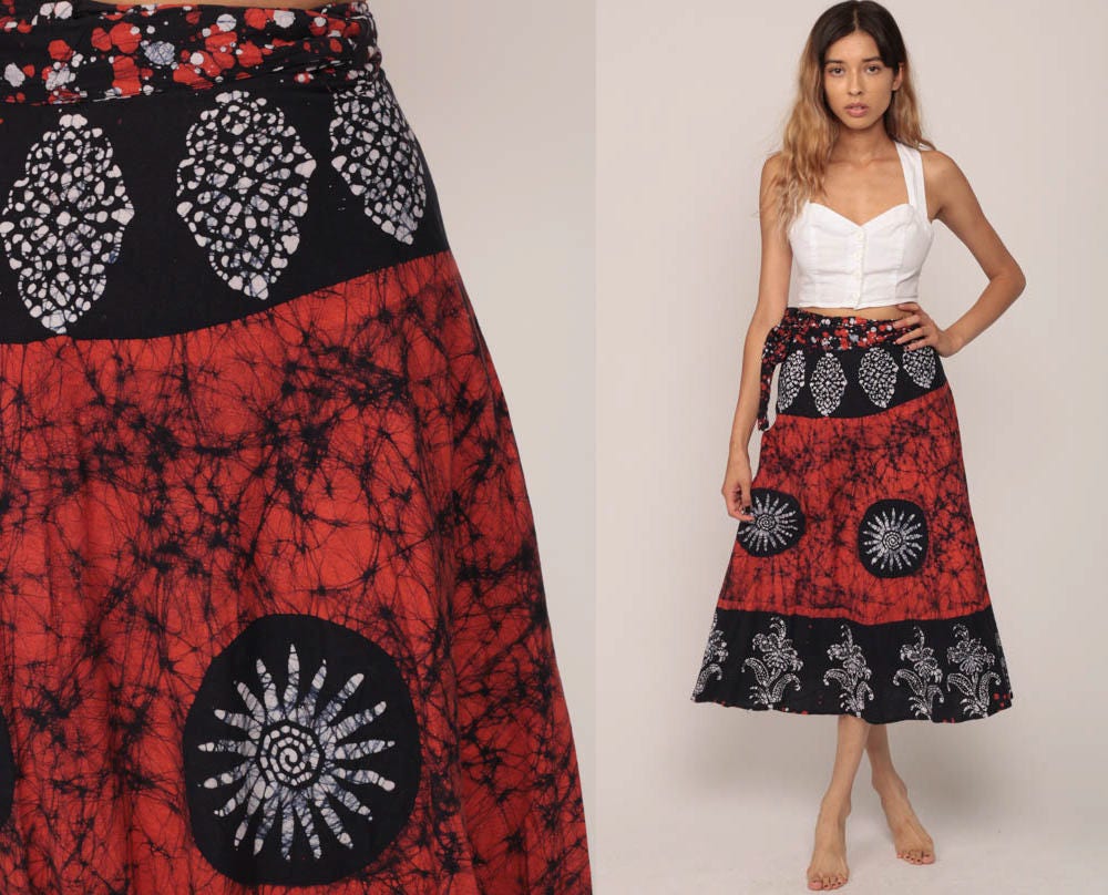 Wrap Skirt 90s Hippie Skirt Batik Midi Tie Dye Skirt Floral