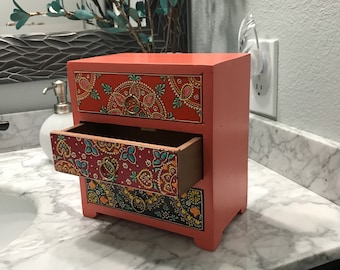 Jewelry Dresser Drawer Hand Painted Wooden Box, Accessory Storage Bin Home Decorative Apothecary Cabinet, Item #560486721