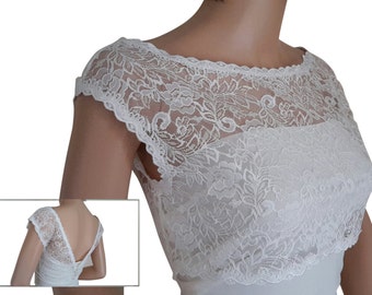 Ladies White or Ivory Lace Bridal Shrug/ cover up with button detail for Weddings, Proms, Balls or Cruises in sizes UK 8,10,12,14,16 & 18