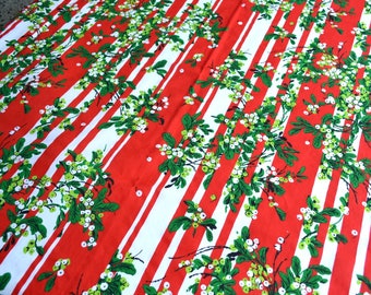 Vintage Christmas Tablecloth - Red and White Stripe Mistletoe - 54 x 76