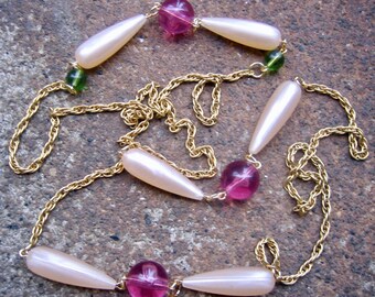 Eco-Friendly Unique Statement Necklace - Sweet Nothings - Recycled Vintage Rope Chain, Pale Pink Teardrop Pearls, Rose Pink and Green Beads