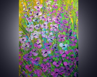 Original Modern Abstract Palette Knife Impasto Oil Large Painting SUMMER FLOWERS 36x24 canvas by Luiza Vizoli