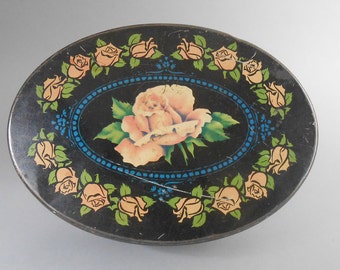 Vintage Mid Century Oval Rose Tin Sewing Box Sewing Tin