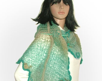 Freeform Knitted Shawl, Turquoise Freestyle knitted Womens scarf shawl wrap Stole with OOAK freeform crochet motifs & glass beads