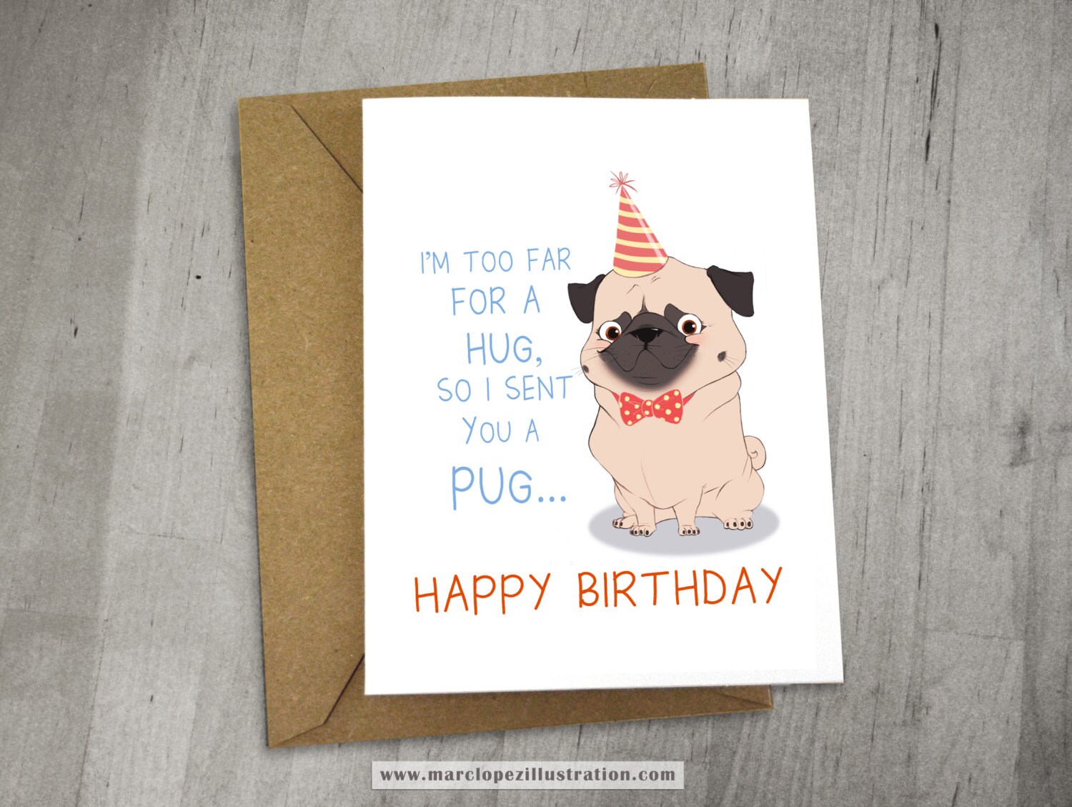 Party Pug Birthday Card Approximately 5 x 7 Blank Card with