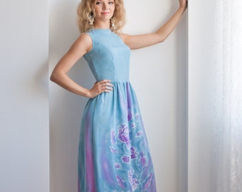 Hand painted silk dress. Royal blue dress. Summer dress.