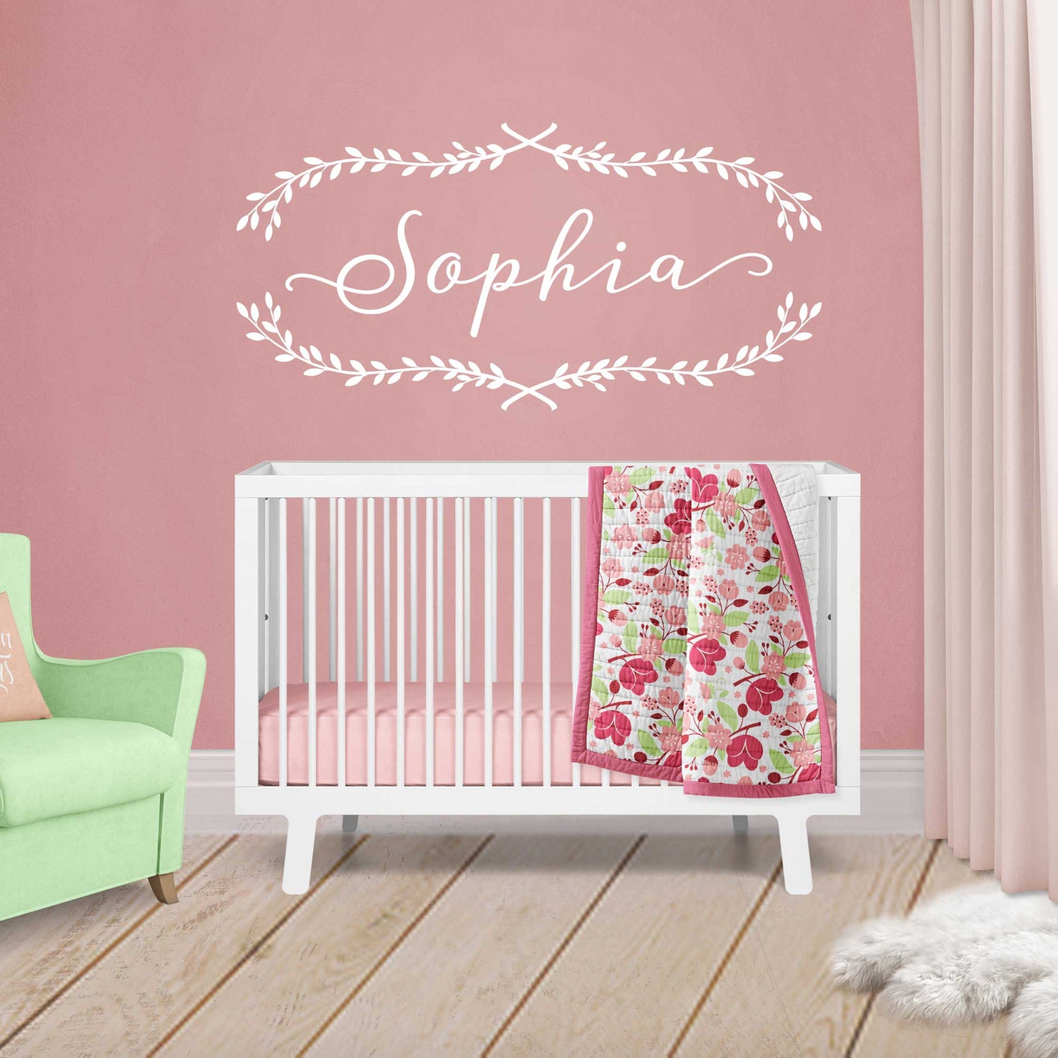 Custom Name Decals for Nursery with Laurel Leaves Wreath