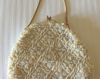 Beaded Sequined Vintage Ivory Clasp HandBag/Purse