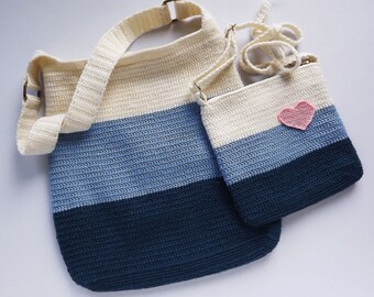 Knitted summer bag for women Handmade Blue white color Tricolor Сloses zip Big and small Family look For mom and daughter Summer Heart Love
