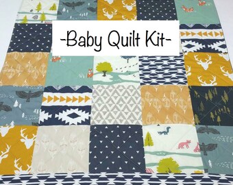 Baby Quilt Kit, Navy Blue and Mustard, Style Nursery, Quilting Cotton, Pre-cut Squares