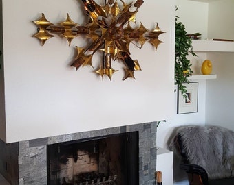 Brutalist Wall Art - Metal Torch Art - Metal Wall Sculpture - C Jere Era - HUGE 42 x 32 Inches - Brass - Copper - Sunburst - 1970s