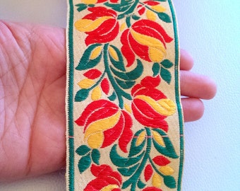 Beige Fabric Trim With Floral Embroidery, Yellow, Red And Green Trim, 65mm wide - 041203L56