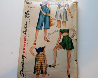Vintage 1950s Simplicity 2853 shorts, pedal pushers sewing pattern