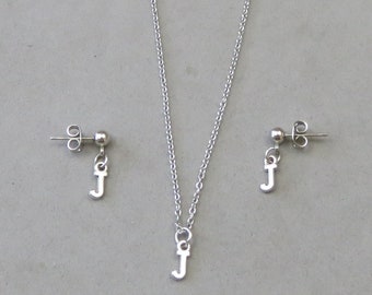 Tiny Initial J Necklace and Earring Set - Gold or Silver Plated