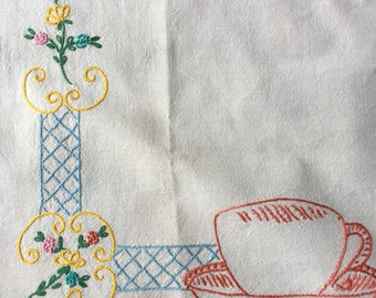 1940s embroidered tablecloth tea cups and florals Hand embroidered 32" square table linen Perfect for an afternoon tea party!