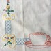 1940s embroidered tablecloth tea cups and florals Hand embroidered 32" square table linen Perfect for an afternoon tea party!