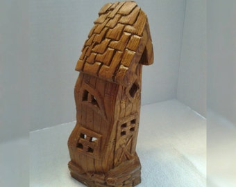 Whimsical house carving Cottonwood bark handmade housewarming gift