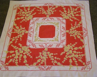 Vintage Tablecloth ~ Red Yellow Flowers Floral