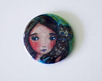 Girl with Cat - Pocket Mirror- Original Art by Flor Larios