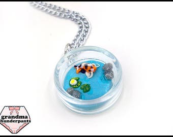 Koi Pond Necklace, Handmade, Tiny Koi Pond Pendant, Fish Jewelry