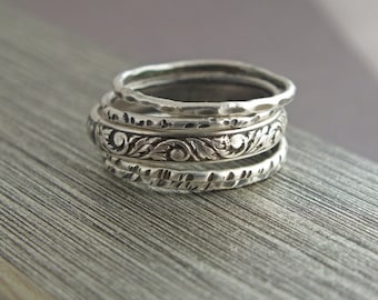 Stacking Rings, Oxidized Ring, Stackable Rings, Stacking Ring Set, 5 Ring Set, Five Ring Set, Hammered Rings, Set of Five, Silver Ring Set