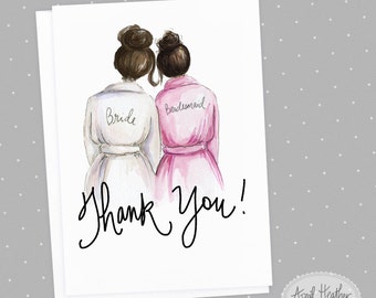 Thank You! Bridesmaid Card: PDF Brunette Bride and Brunette Bridesmaid, Thank you card PDF printable card