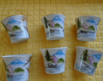 Set Of 6 Vintage Japanese Handpainted Porcelain Sake Cups With Mt. Fuji Design