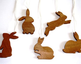 Bunny Rabbit Ornaments - Hand Carved From Solid Hardwood - Set of 5
