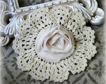 Tresors Ivory Unique Vintage Handmade Cotton Crochet Doily with Attached Rosette Approx. 6 inches across DL-008