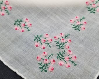 Vintage Embroidered Handkerchief with Pink Berries, Christmas Berry Handkerchief, Lady's Hanky.