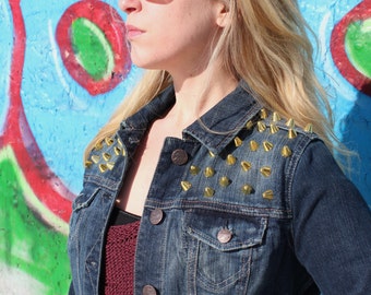Spiked Studded Denim Cropped Jean Jacket Womens Small