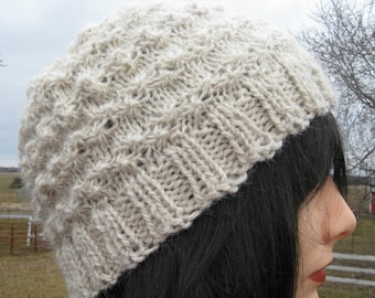 Knit Alpaca and Wool Hat for Men or Women, Handmade Beanie, White Winter Hat