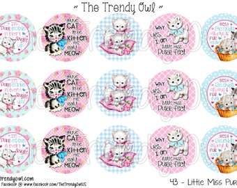 Vintage Kittens Digital Bottle Cap Images - INSTANT DOWNLOAD - Little Miss Purrfect- 1" Bottle Cap Images 4x6 - 43