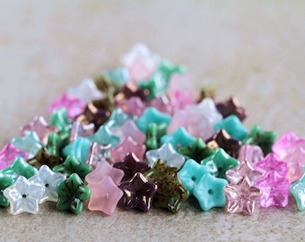 Turquoise & Pink Glass flower beads mix, Czech glass flower beads, 5-petal Trumpet Flower beads, 6x9mm (66pcs) NEW